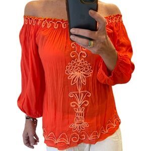 Poupette St Barth Embroiderer Off the Shoulder Coral Top.Size M